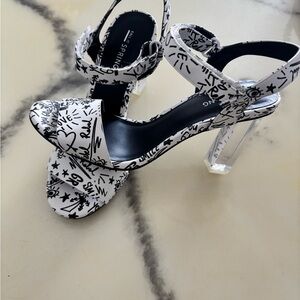White and Black Graffiti Block Heel Sandals